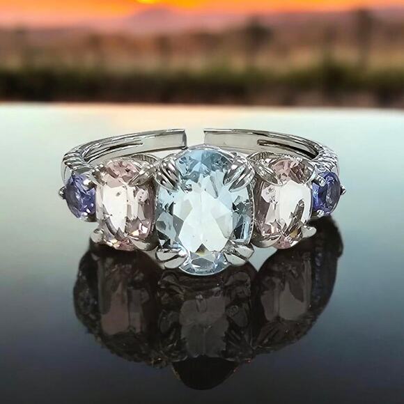 None Jewelry - 2.25ct Natural Aquamarine Morganite Tanzanite Ring 925 Sterling Silver Size 7.75
